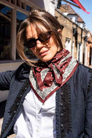 Polka Dot Paisley Border Scarf – Wine Red