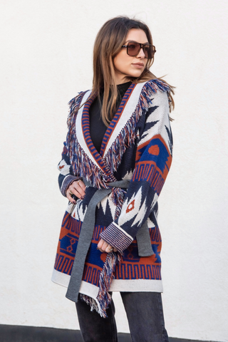 Astrid Cardigan - Blue/Tan Mix