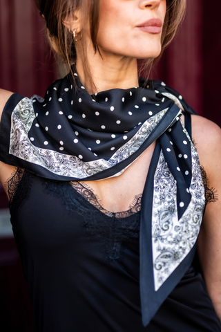 Polka Dot Paisley Border Scarf – Black