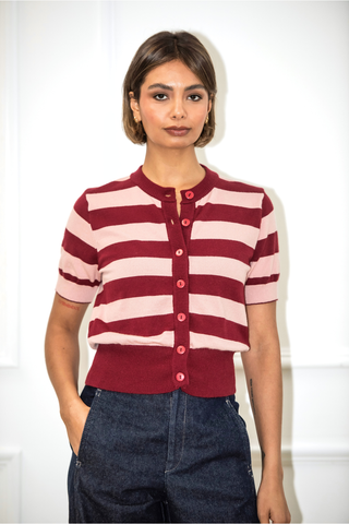 Greta Stripe Cardigan - Burgundy/Soft Pink