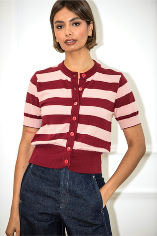 Greta Stripe Cardigan - Burgundy/Soft Pink