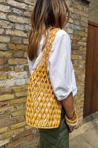 Pia Wooden Beaded Bag - Beige