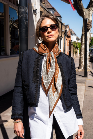 Polka Dot Paisley Border Scarf – Brown