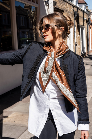 Polka Dot Paisley Border Scarf – Brown