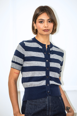 Greta Stripe Cardigan - Navy/Grey