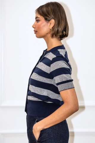 Greta Stripe Cardigan - Navy/Grey
