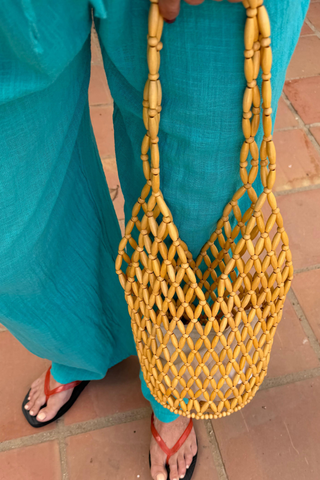 Pia Wooden Beaded Bag - Beige