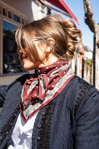 Polka Dot Paisley Border Scarf – Wine Red