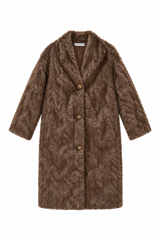Long Faux Fur Cable Cardigan Coat- Espresso