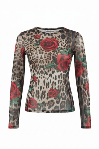 Zoe Mesh Top - Leopard/Rose Print