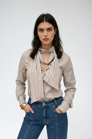 Lily Stripe Bow Shirt - Beige