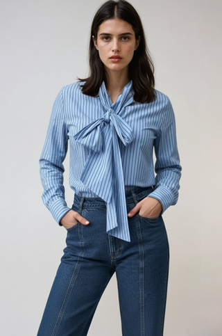 Lily Stripe Bow Shirt - Blue
