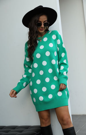 
            
                Load image into Gallery viewer, Patsy Spot Jumper Dress in Green
            
        
